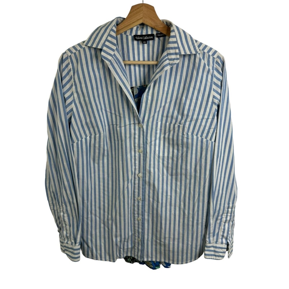 Tolani Collection White Blue Striped floral Back Shirt Size XS Button Down Women